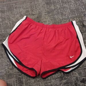 Nike Womens Dri-Fit Running Shorts Red Black Color Block Drawstring Elastic L